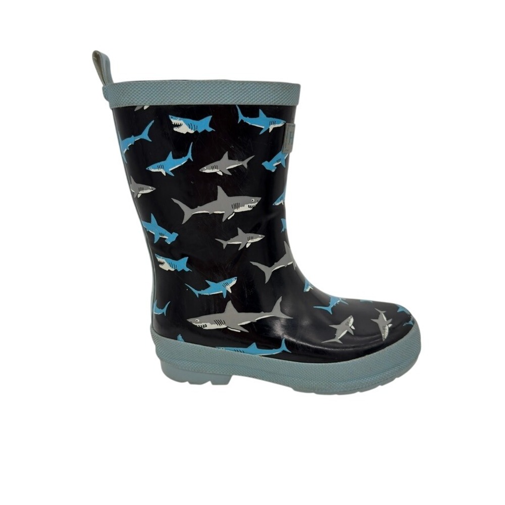 Hatley Kids Shark Print Rain Boots Size 11 Black Blue Rubber Waterproof - Picture 2 of 6